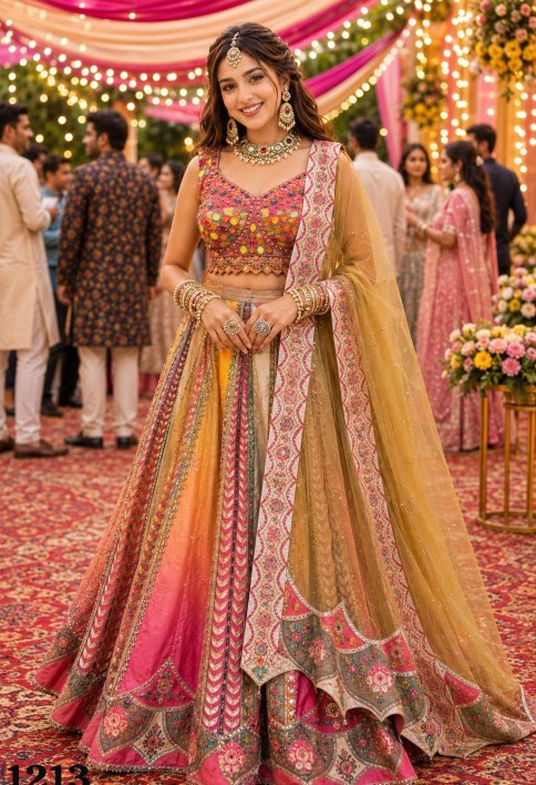 Multi Colour Tissue Embroidered Work Readymade Lehenga Choli for Engagement